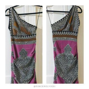 Nicole Miller ▪ One-Shoulder Patterned Earth Tone Silk Scarf Ruched Side Dress